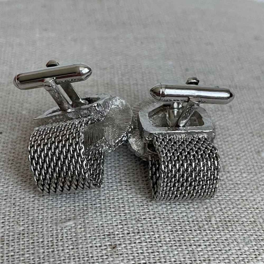 Vintage Art Frosted Glass Oval Silver Tone Mesh Wrap Cuff Links Pair